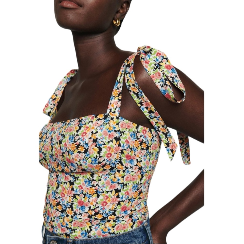 Reformation Ellora Top Trix Tie Shoulder Smocked Floral Cropped Womens Size 6